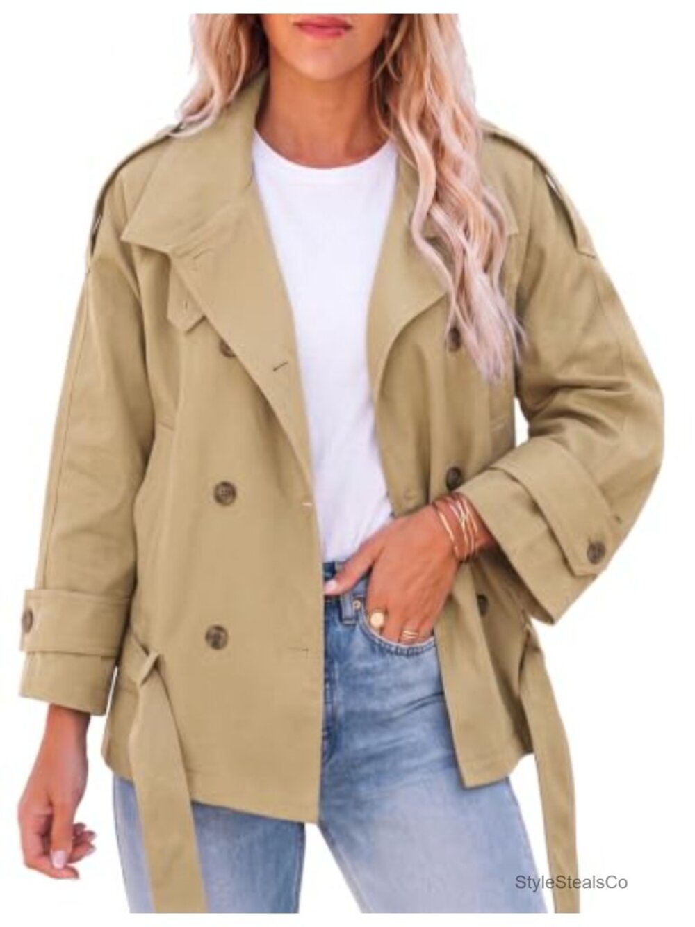 Women's Cropped Trench Coat Double Breasted Raglan Sleeve Belted Jacket